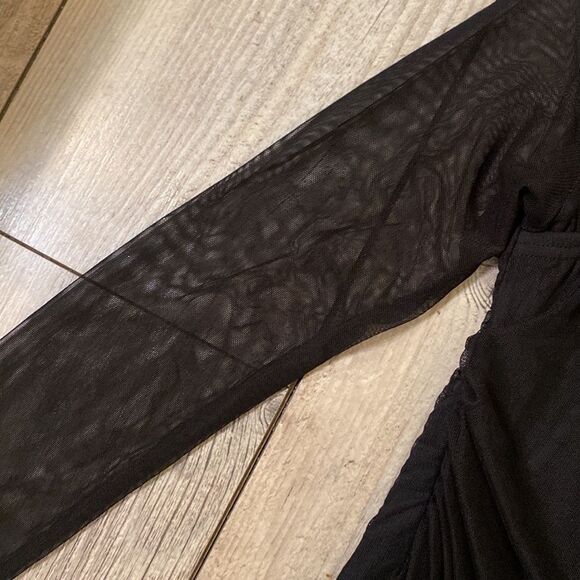 Boohoo Black W/ Sheer Sleeves Rouched Dress Size 12 - Picture 3 of 8